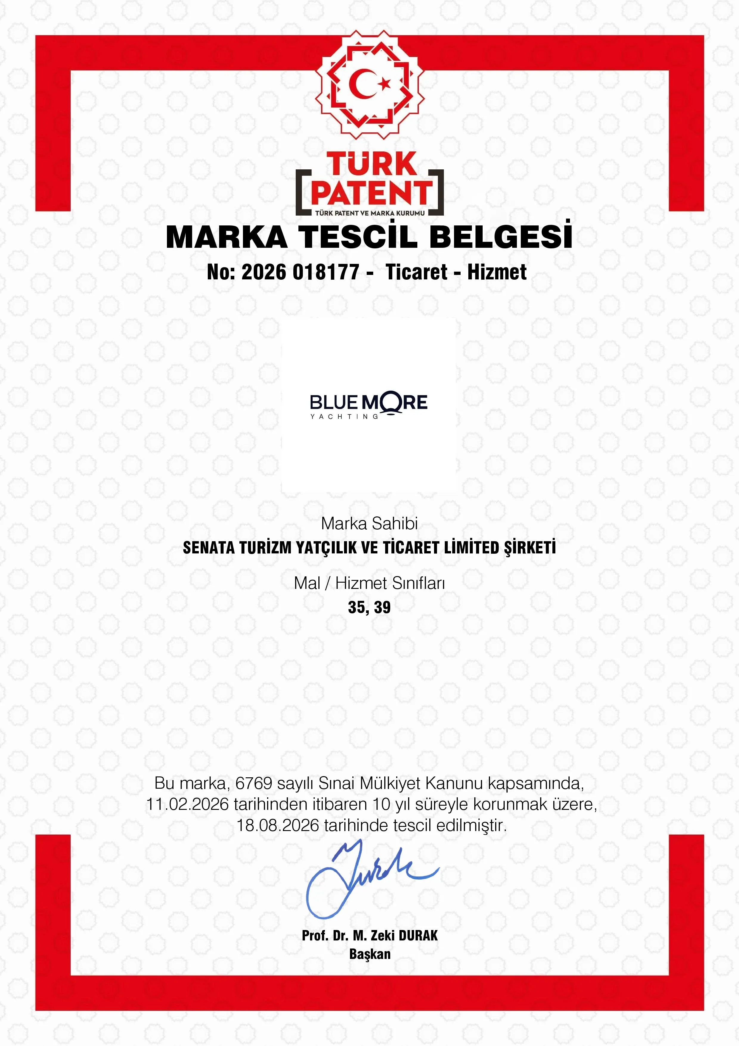 TÜRKPATENT trademark registration certificate No. 2026 018177 for the Blue More Yachting logo, owner SENATA TURİZM YATÇILIK VE TİCARET LİMİTED ŞİRKETİ, classes 35 and 39